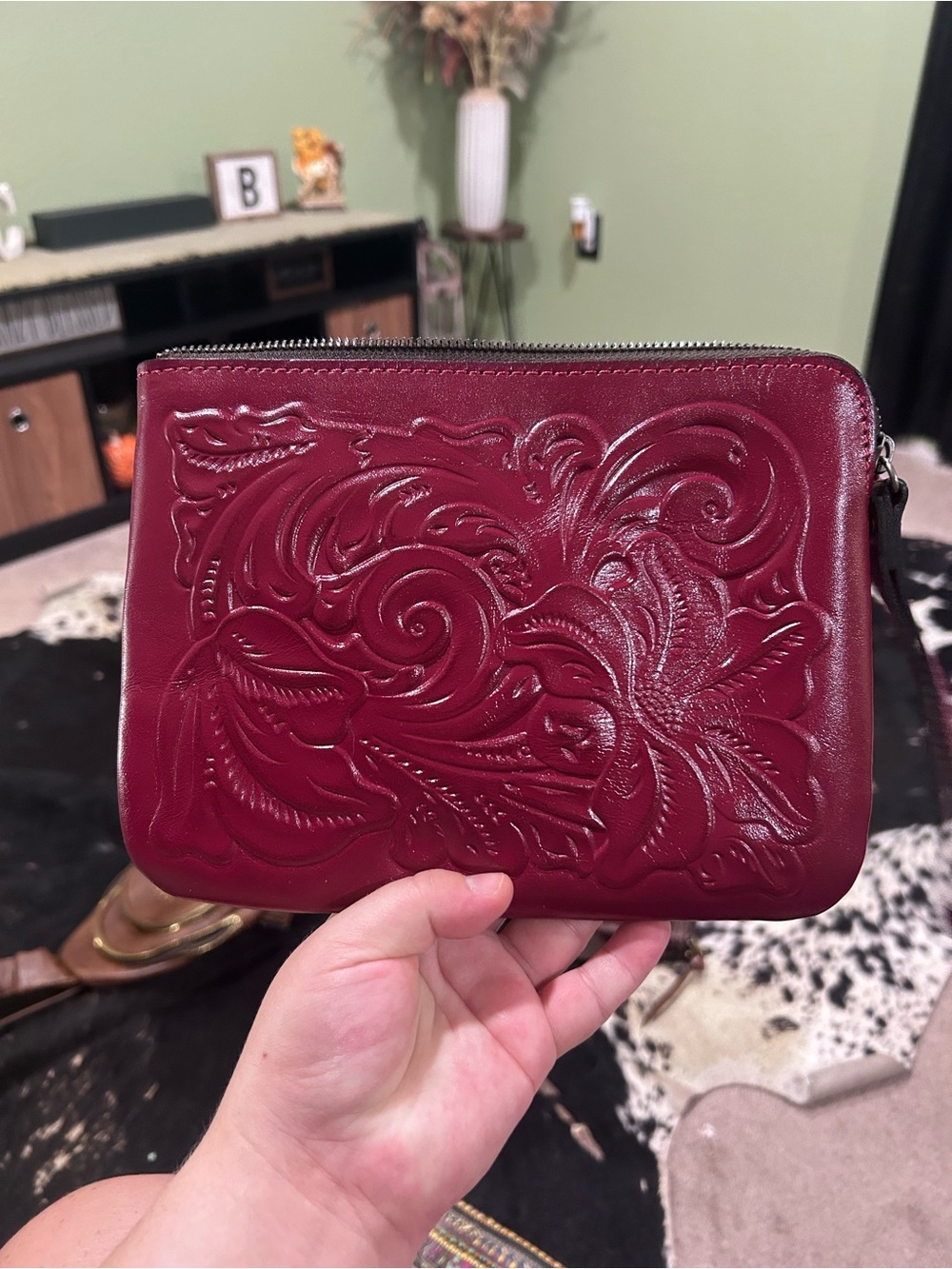 Patricia Nash Embossed Floral Zip Wristlet – Burgundy